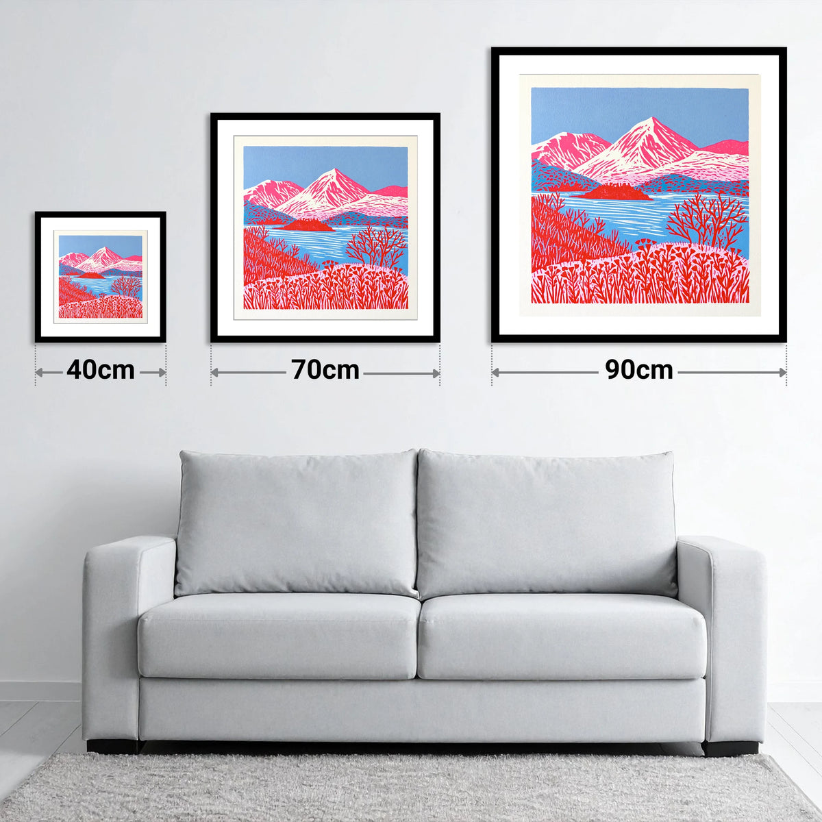 Vibrant Red Catbells Landscape - size guide showing 40cm, 70cm and 90cm art prints