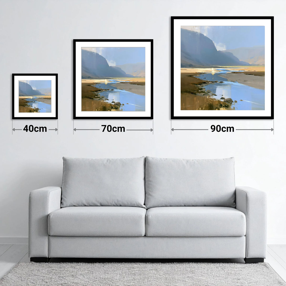 River Through Sunlit Valley - size guide showing 40cm, 70cm and 90cm art prints