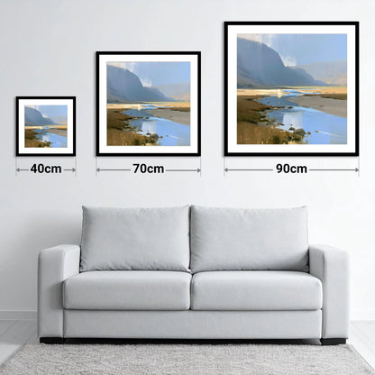 River Through Sunlit Valley - size guide showing 40cm, 70cm and 90cm art prints