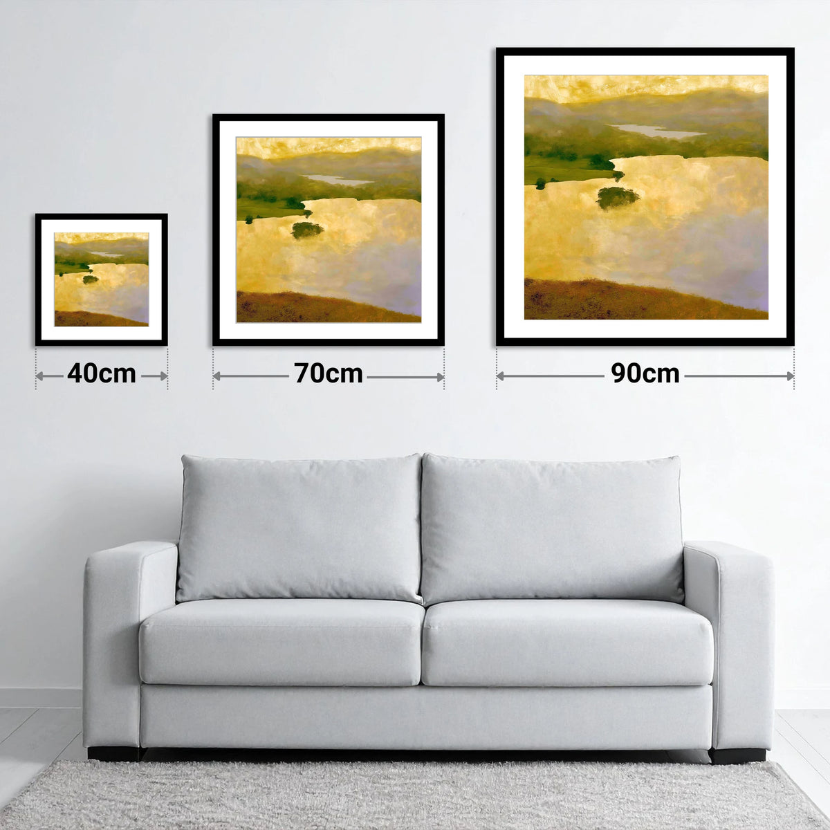 Grasmere Lake in Golden Light - size guide showing 40cm, 70cm and 90cm art prints
