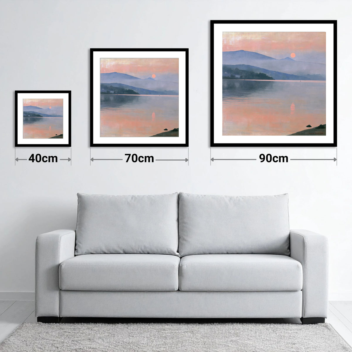 Lake Sunset in Pastel Haze - size guide showing 40cm, 70cm and 90cm art prints