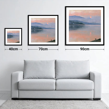 Lake Sunset in Pastel Haze - size guide showing 40cm, 70cm and 90cm art prints