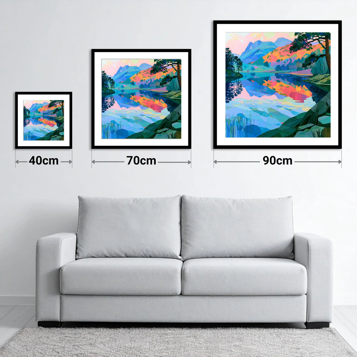 Vibrant Dawn Over Still Lake - size guide showing 40cm, 70cm and 90cm art prints