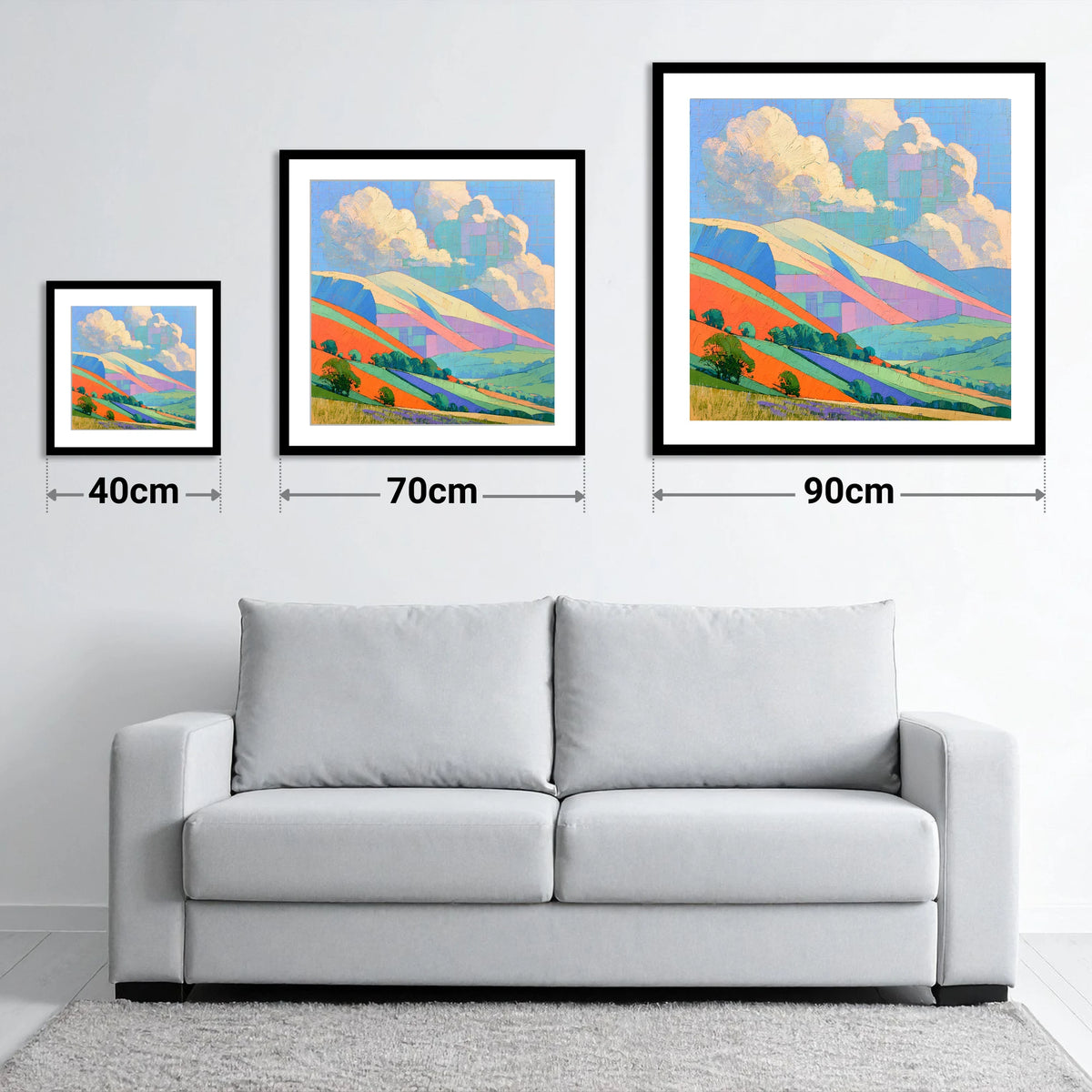 Vibrant Rolling Fells Under Cloud - size guide showing 40cm, 70cm and 90cm art prints