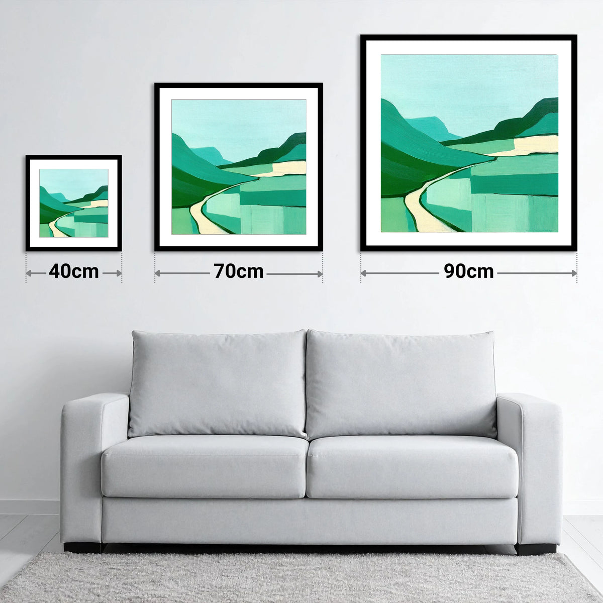Modern Green Hardknott Pass - size guide showing 40cm, 70cm and 90cm art prints