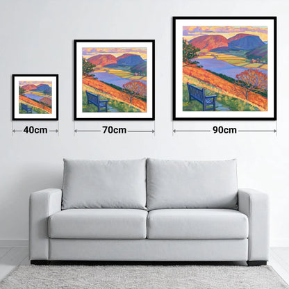 Vibrant Bench View Over Loweswater - size guide showing 40cm, 70cm and 90cm art prints