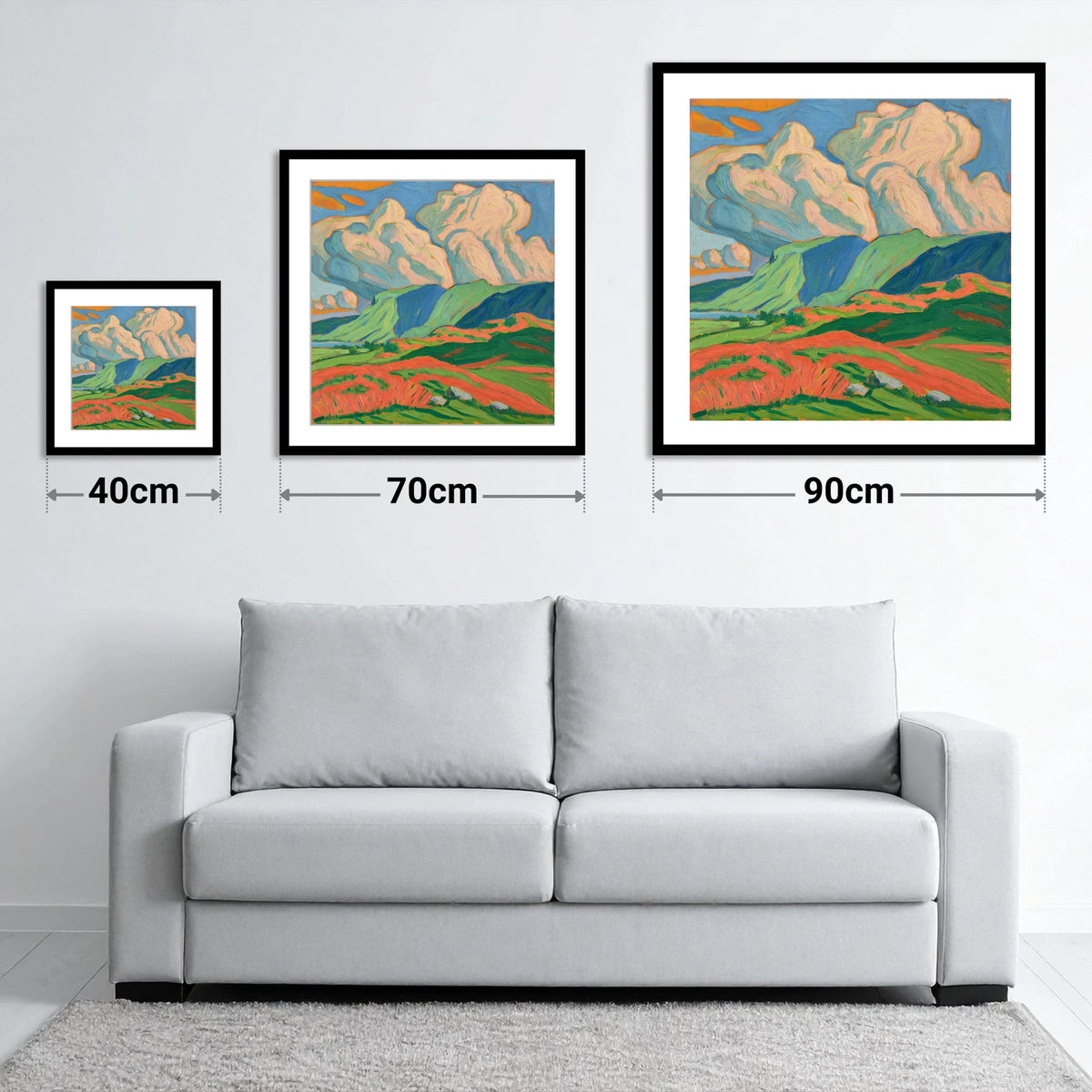 Vibrant Storm Clouds Over the Fells - size guide showing 40cm, 70cm and 90cm art prints
