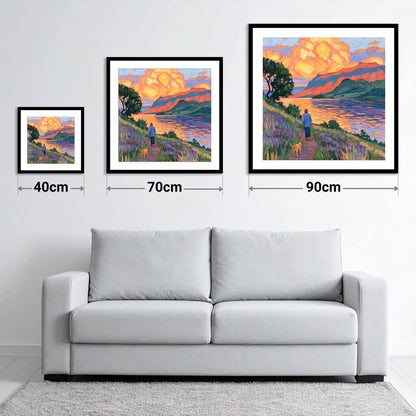 Vibrant Ullswater Evening Dog Walk - size guide showing 40cm, 70cm and 90cm art prints