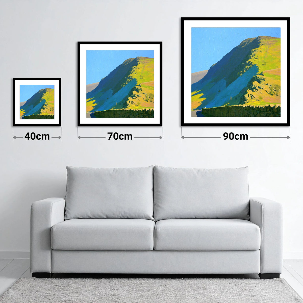 Steel Fell Ridge Bright Shadows - size guide showing 40cm, 70cm and 90cm art prints