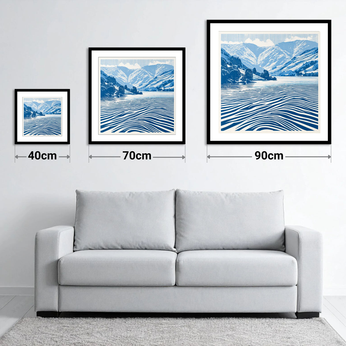 Cobalt Blue Ullswater Fells - size guide showing 40cm, 70cm and 90cm art prints