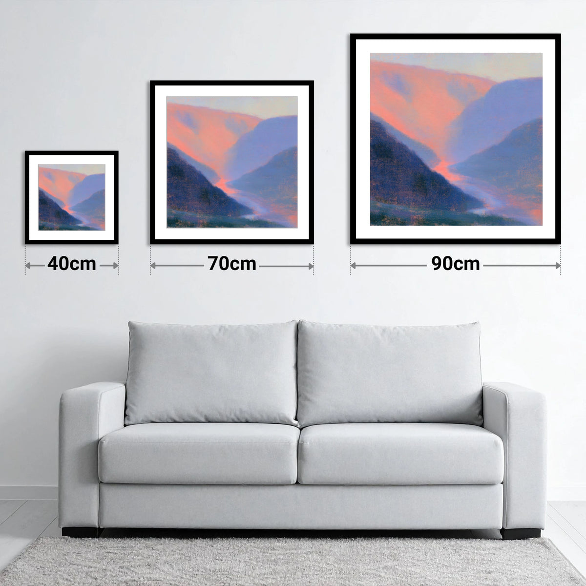 Winding River in Peach Twilight - size guide showing 40cm, 70cm and 90cm art prints