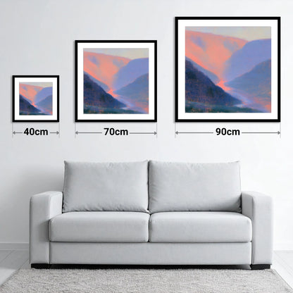 Winding River in Peach Twilight - size guide showing 40cm, 70cm and 90cm art prints
