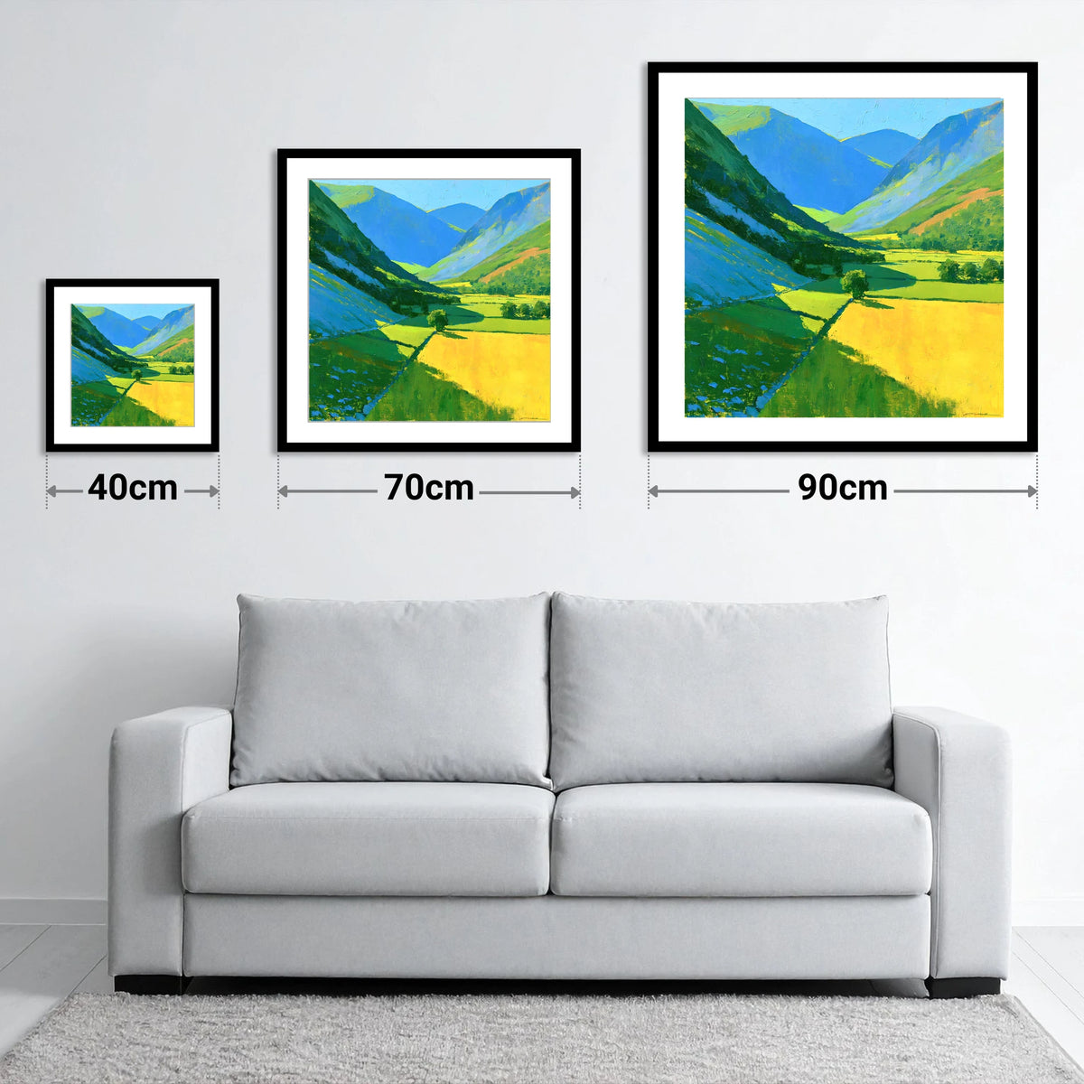 Vibrant Sunlit Valley with Blue Fellside Shadows - size guide showing 40cm, 70cm and 90cm art prints