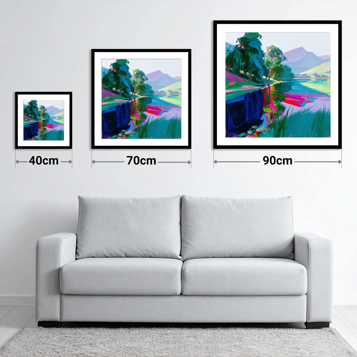 Vibrant Lake Reflections at Dawn - size guide showing 40cm, 70cm and 90cm art prints