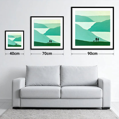 Glenridding Walkers in Teal Fells - size guide showing 40cm, 70cm and 90cm art prints