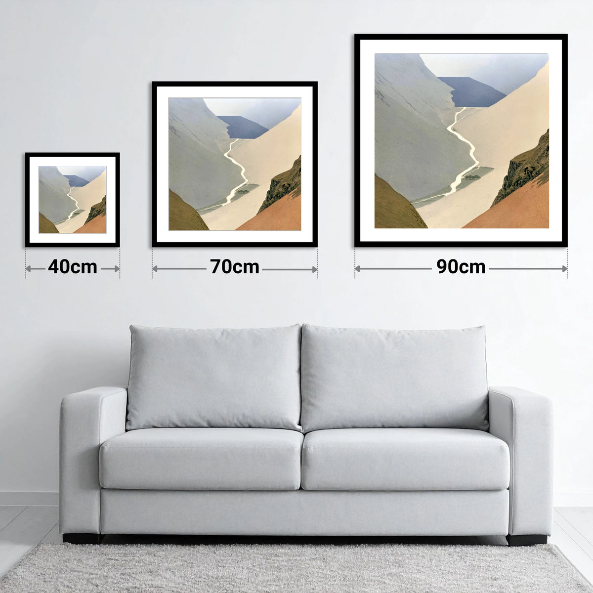 Wasdale Valley From Great Gable - size guide showing 40cm, 70cm and 90cm art prints