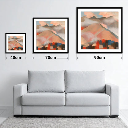 Misty Mountain Ridge In Coral - size guide showing 40cm, 70cm and 90cm art prints