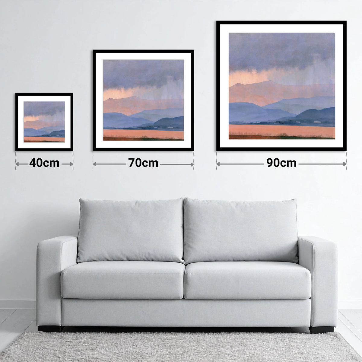 Lavender Fells Beneath Storm Clouds - size guide showing 40cm, 70cm and 90cm art prints