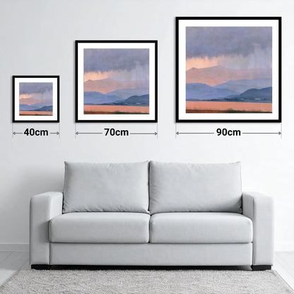 Lavender Fells Beneath Storm Clouds - size guide showing 40cm, 70cm and 90cm art prints