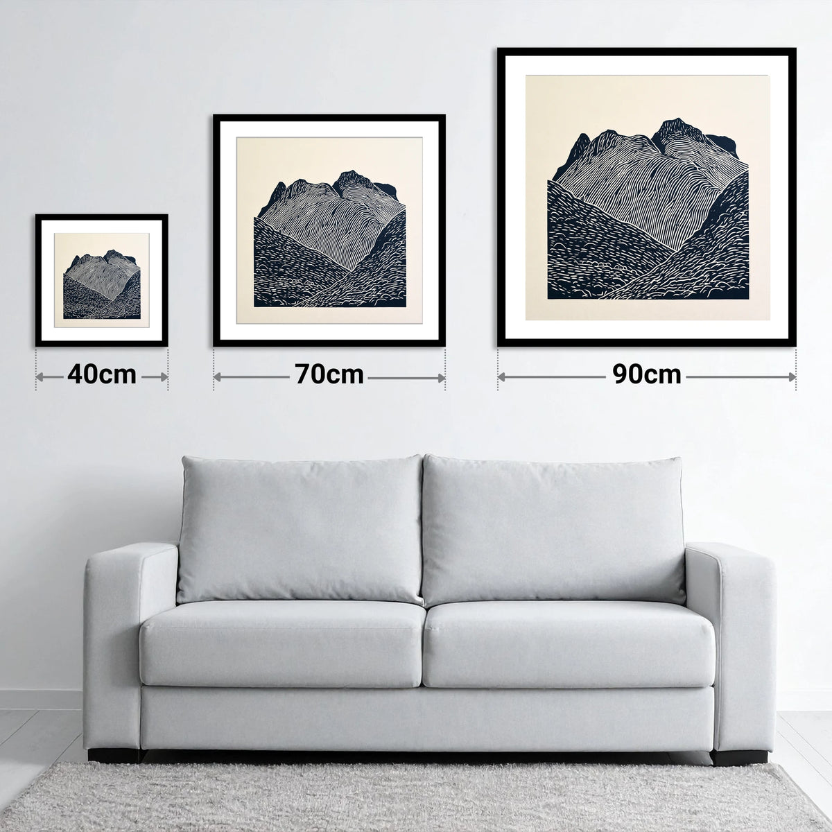 Graphic Monochrome Langdale Pikes - size guide showing 40cm, 70cm and 90cm art prints
