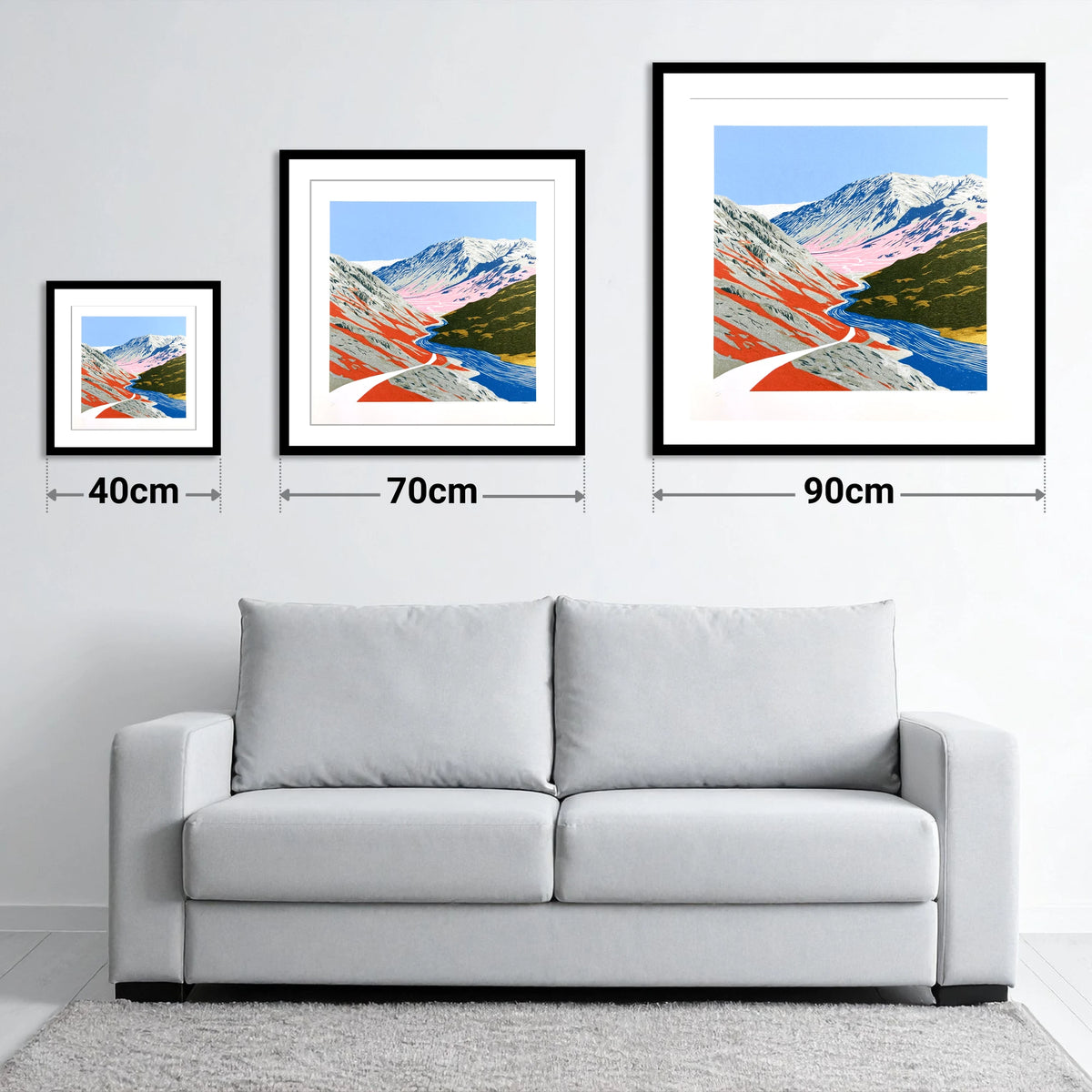 Bold Kirkstone Pass Mountain Road - size guide showing 40cm, 70cm and 90cm art prints