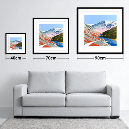 Bold Kirkstone Pass Mountain Road - size guide showing 40cm, 70cm and 90cm art prints