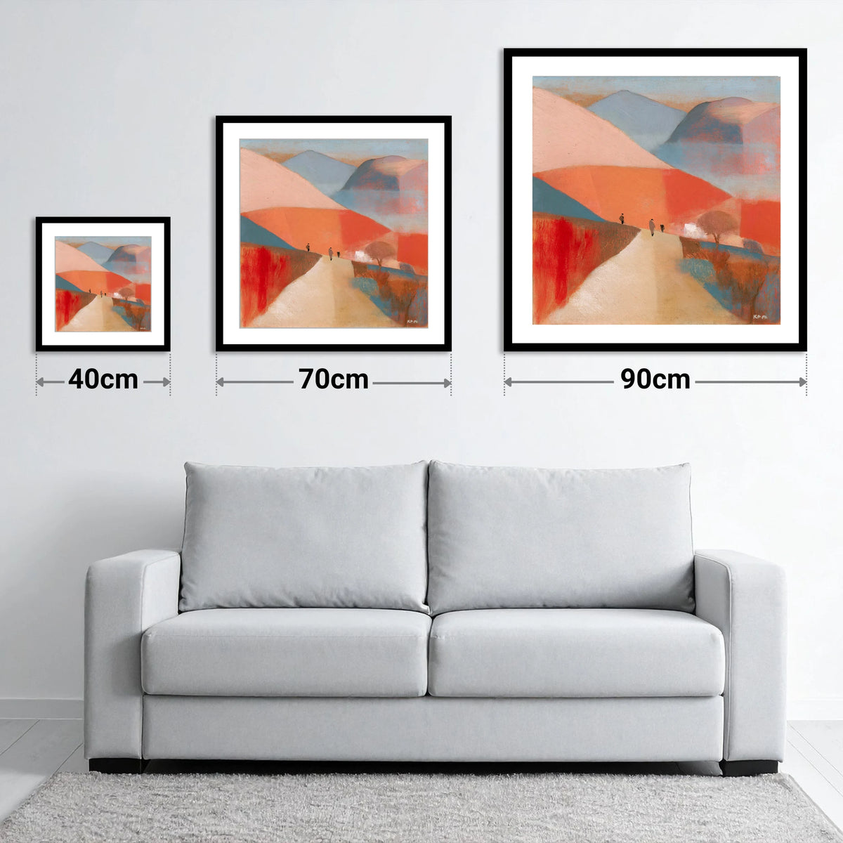 Walkers on a Coral Mountain Path - size guide showing 40cm, 70cm and 90cm art prints