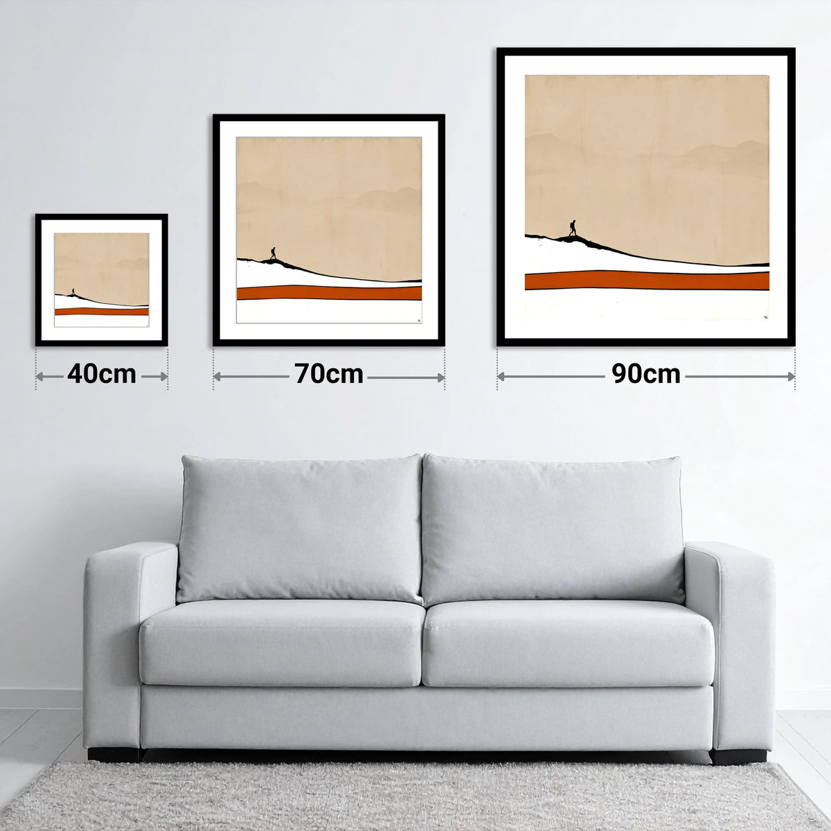 Hiker Silhouette against Distant Fells - size guide showing 40cm, 70cm and 90cm art prints