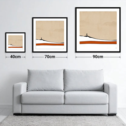 Hiker Silhouette against Distant Fells - size guide showing 40cm, 70cm and 90cm art prints