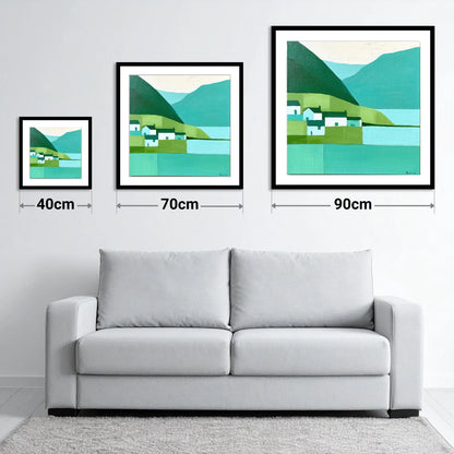Modern Teal Lakeside Village - size guide showing 40cm, 70cm and 90cm art prints