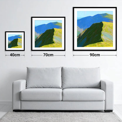 Sunlit Ridge on White Side - size guide showing 40cm, 70cm and 90cm art prints