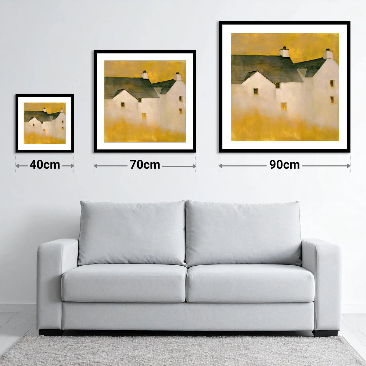 Slate Cottages In Golden Light - size guide showing 40cm, 70cm and 90cm art prints