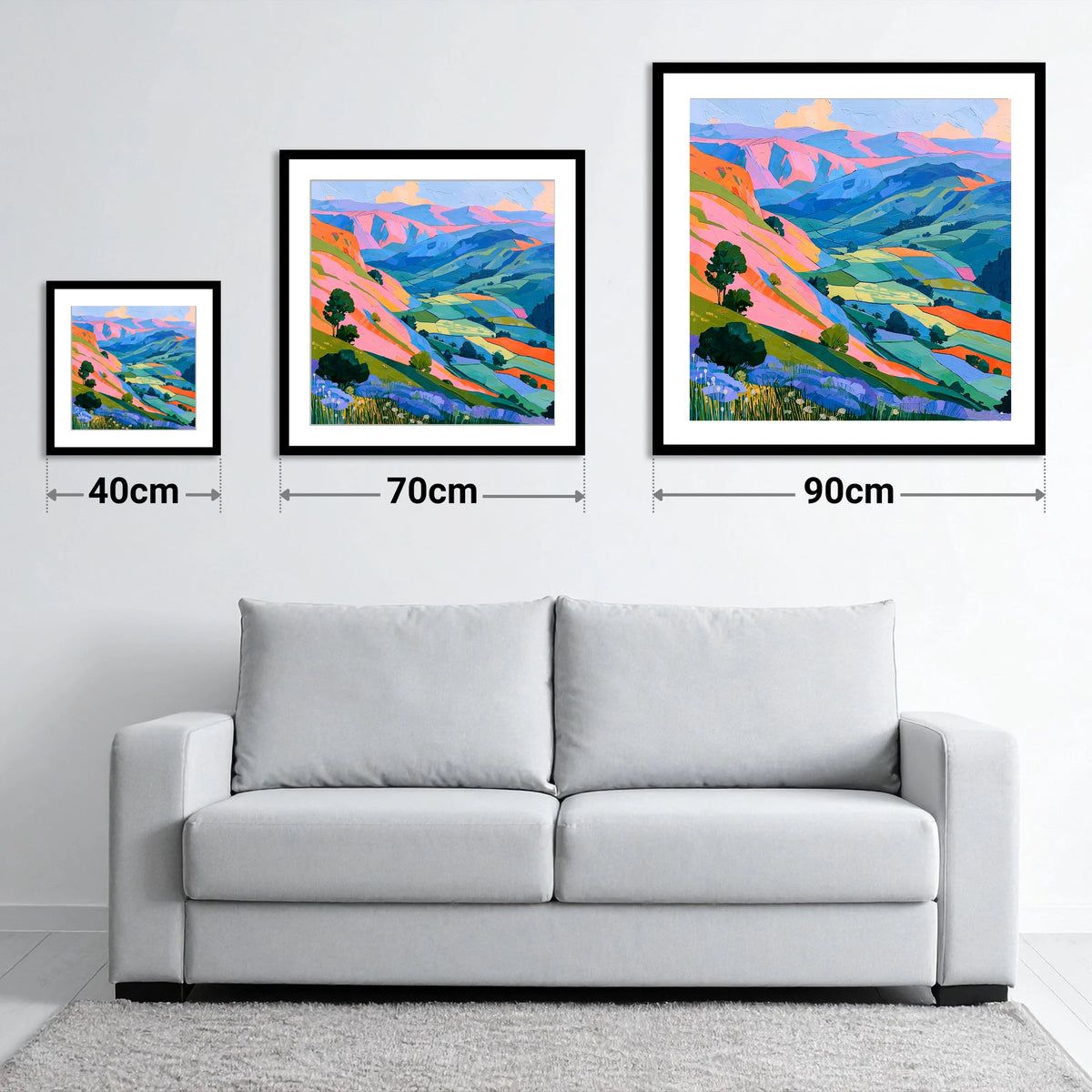 Vibrant Fells in Golden Light - size guide showing 40cm, 70cm and 90cm art prints