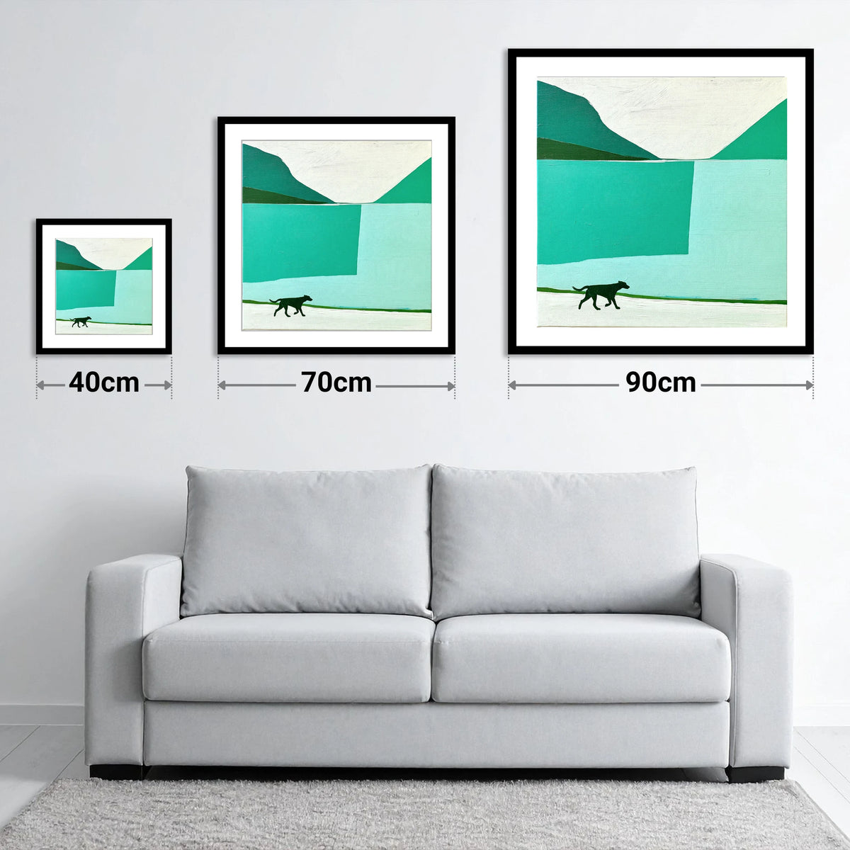 Contemporary Wast Water Running Dog - size guide showing 40cm, 70cm and 90cm art prints
