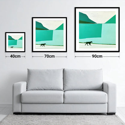 Contemporary Wast Water Running Dog - size guide showing 40cm, 70cm and 90cm art prints
