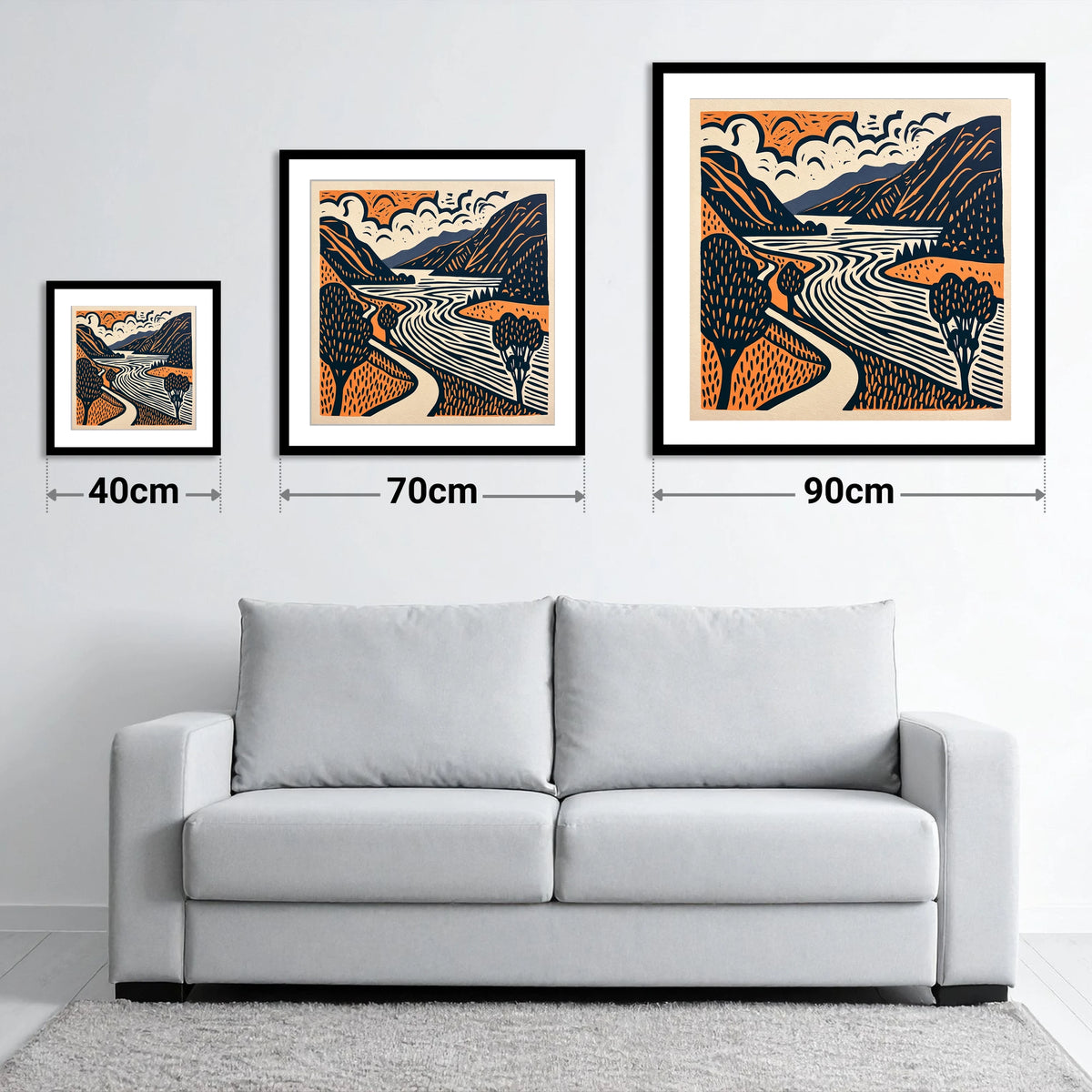 Bold Ullswater in Terracotta and Navy - size guide showing 40cm, 70cm and 90cm art prints