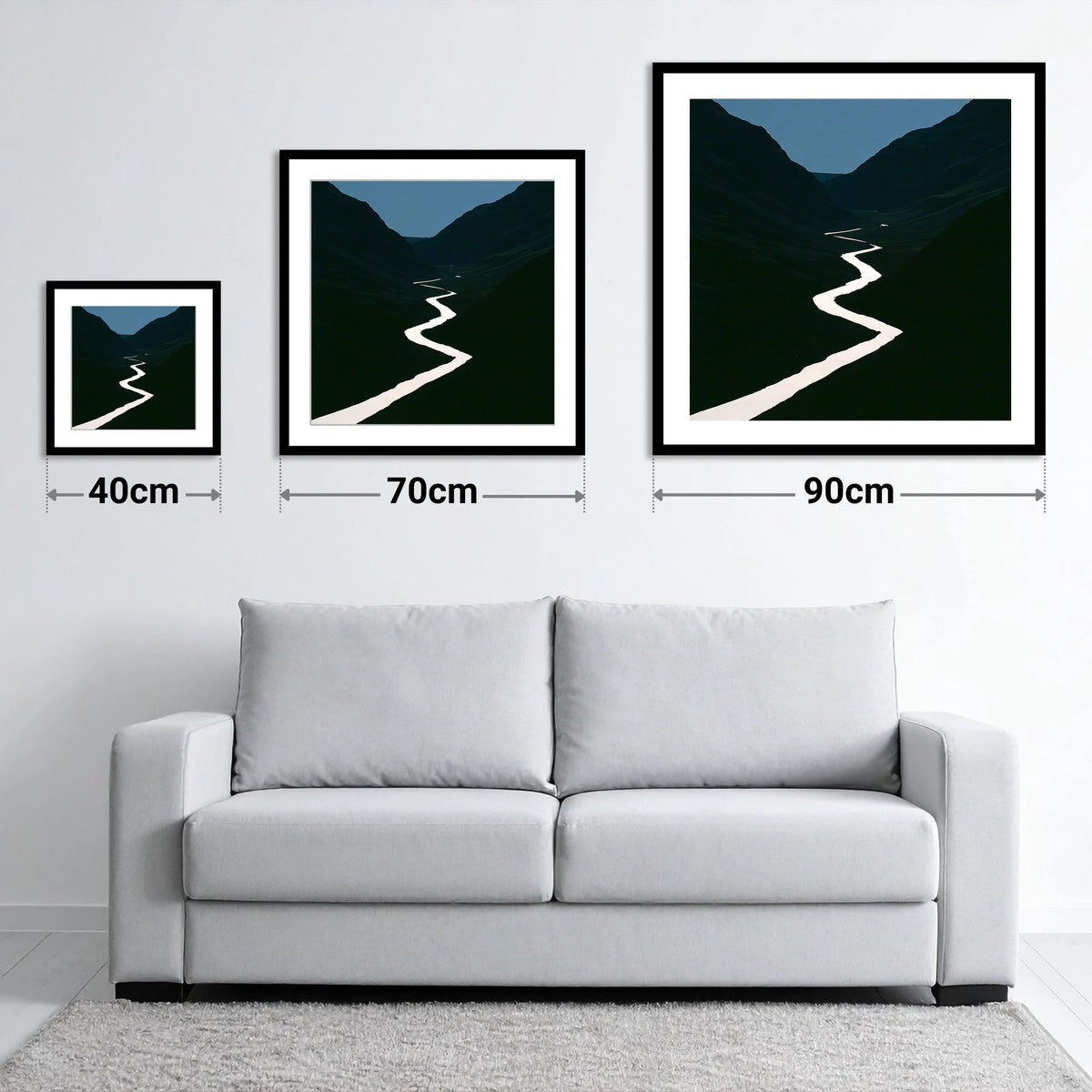 Silver River in Shadowed Valley - size guide showing 40cm, 70cm and 90cm art prints