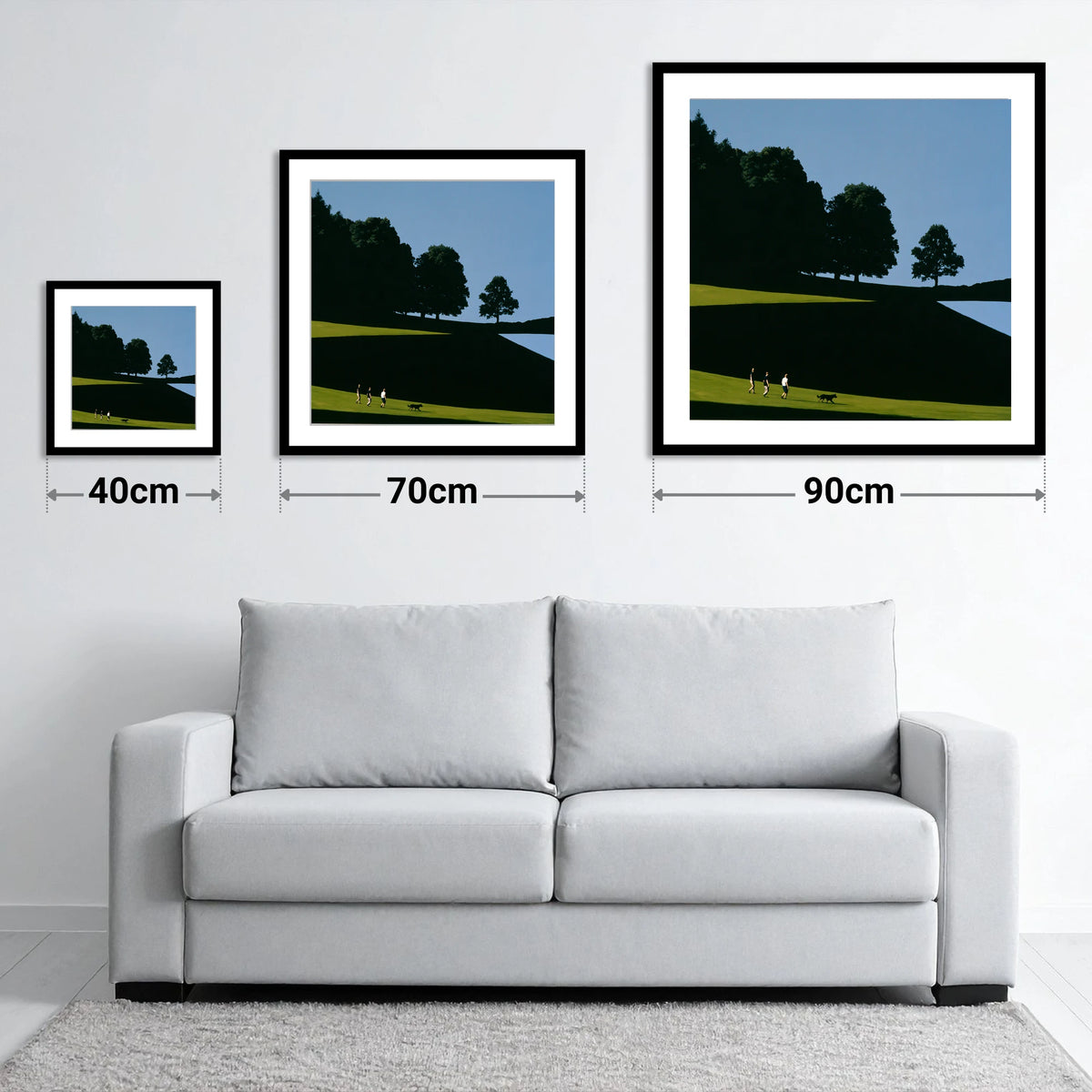 Tarn Hows Dog Walk Silhouettes - size guide showing 40cm, 70cm and 90cm art prints