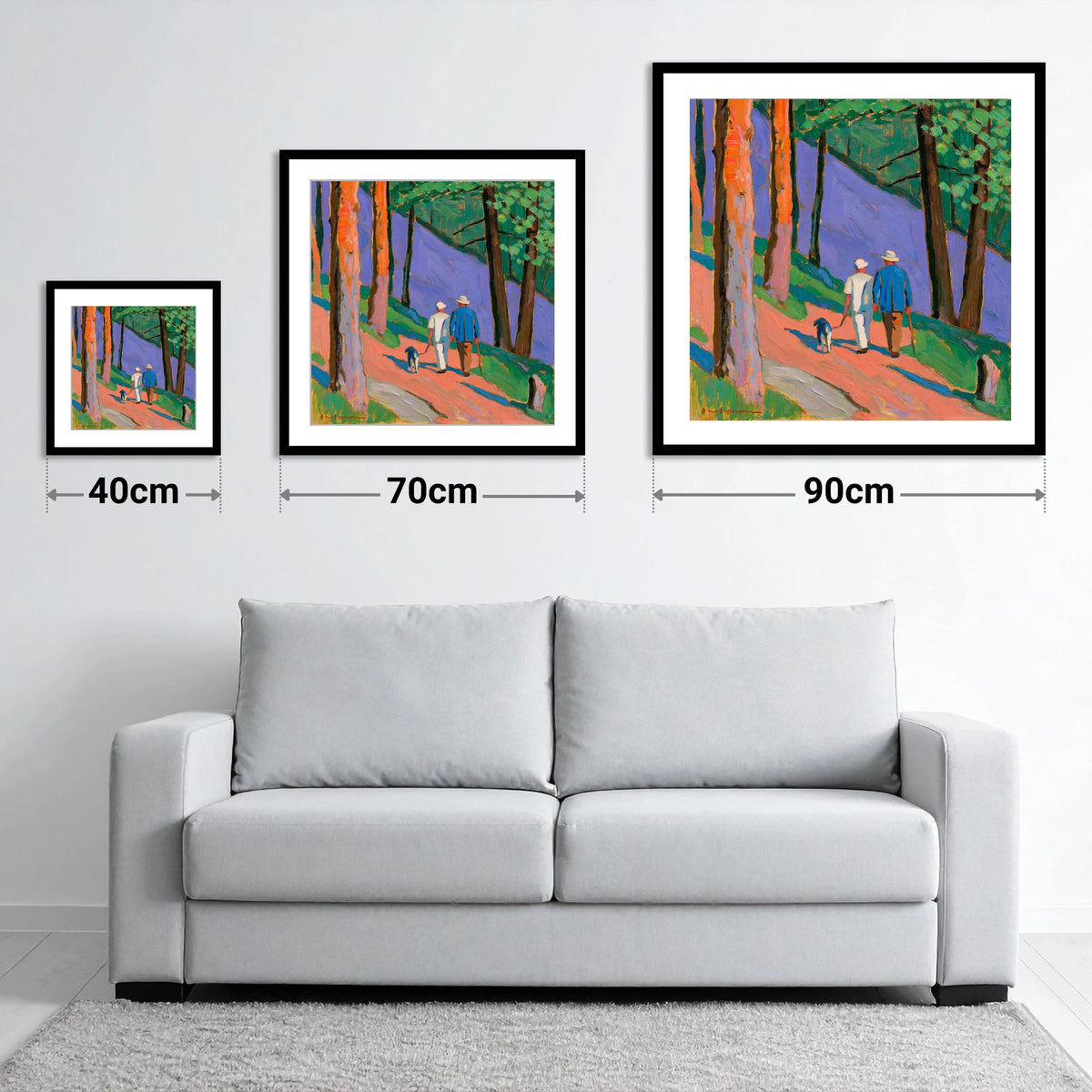 Vivid Dog Walkers Aira Force - size guide showing 40cm, 70cm and 90cm art prints