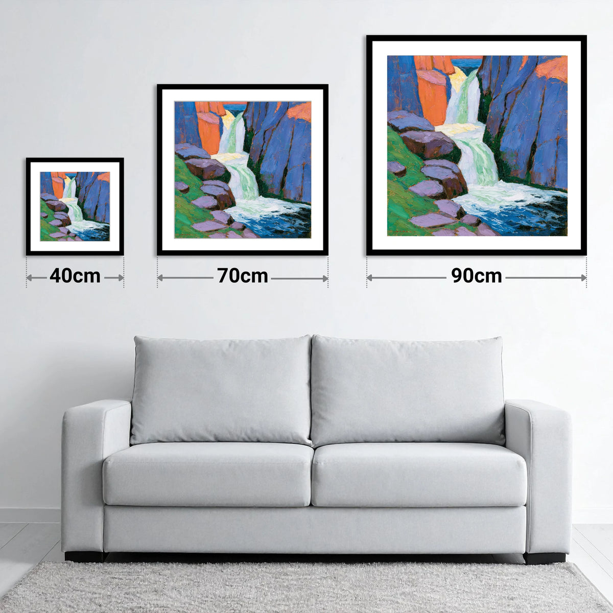 Vibrant Waterfall Between Blue Crags - size guide showing 40cm, 70cm and 90cm art prints