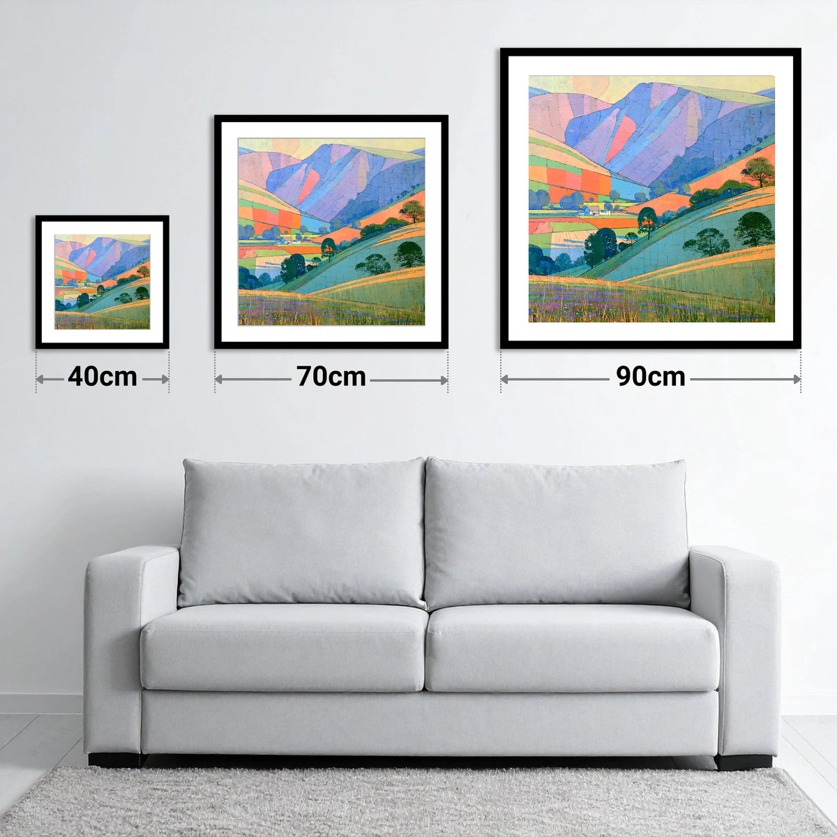Vibrant Patchwork Fells at Evening - size guide showing 40cm, 70cm and 90cm art prints