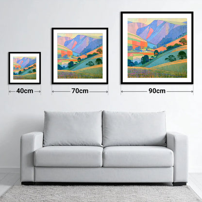 Vibrant Patchwork Fells at Evening - size guide showing 40cm, 70cm and 90cm art prints