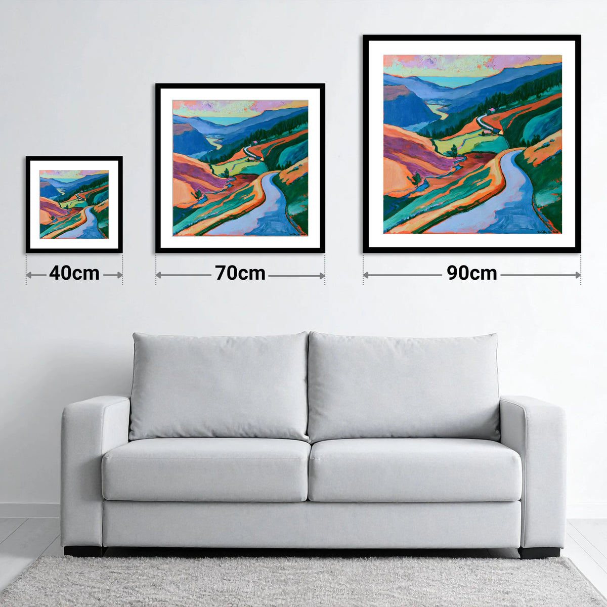 Mountain Pass Road in Vibrant Hues - size guide showing 40cm, 70cm and 90cm art prints