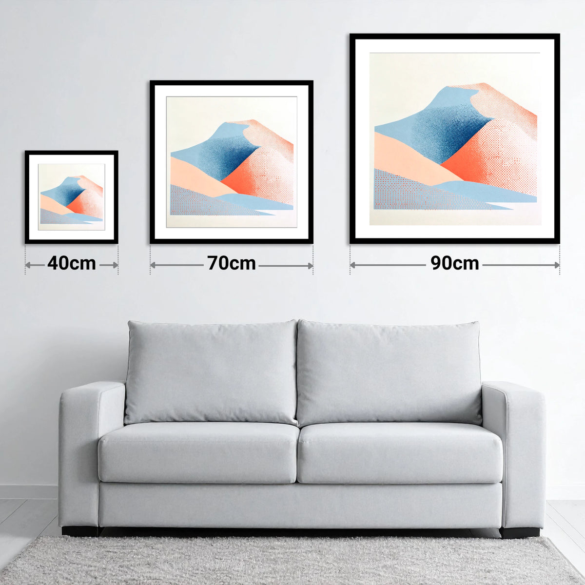 Blencathra in Blue and Coral - size guide showing 40cm, 70cm and 90cm art prints