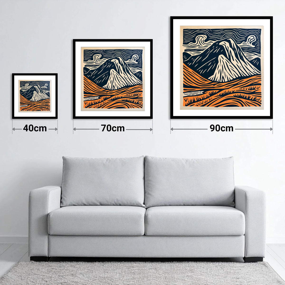Great Gable in Navy and Orange - size guide showing 40cm, 70cm and 90cm art prints