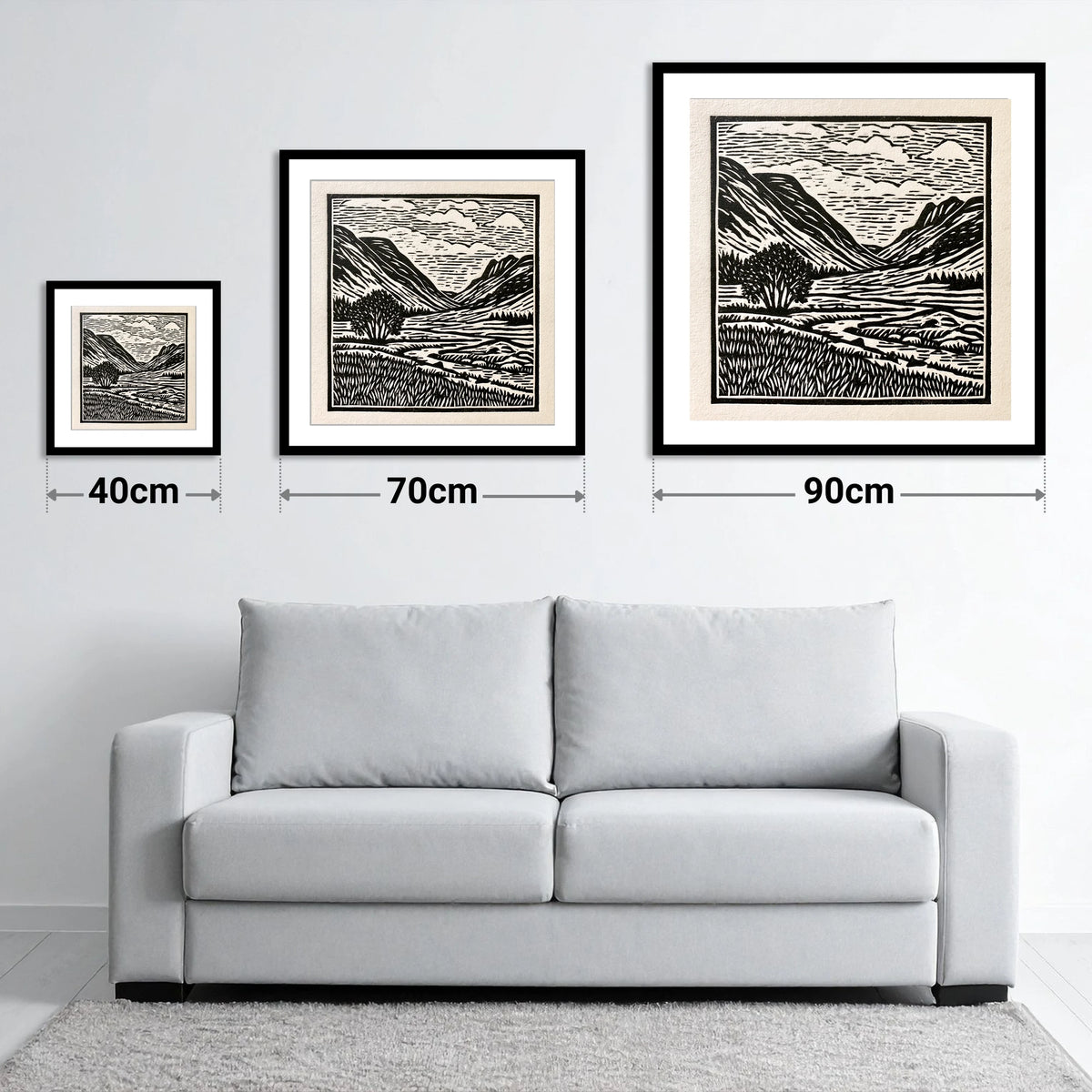 Great Langdale in Stark Contrast - size guide showing 40cm, 70cm and 90cm art prints