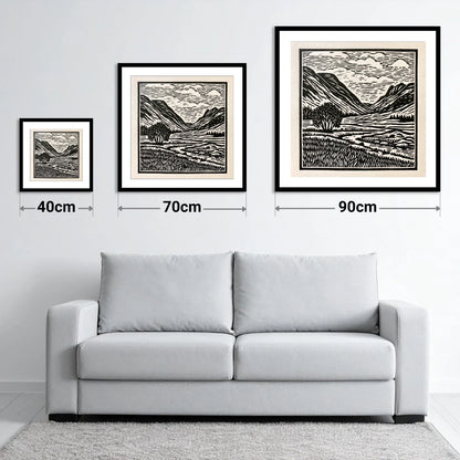 Great Langdale in Stark Contrast - size guide showing 40cm, 70cm and 90cm art prints