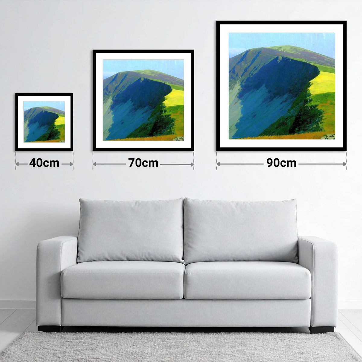 Vibrant Shadows on Bakestall Fell - size guide showing 40cm, 70cm and 90cm art prints