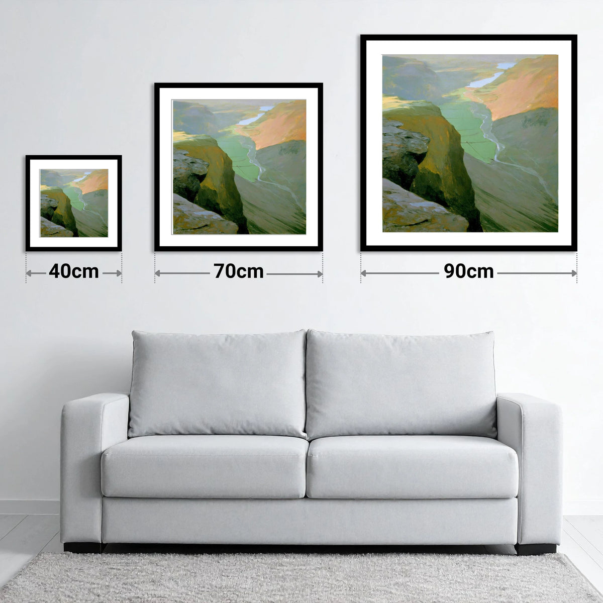 Great Gable High Valley View - size guide showing 40cm, 70cm and 90cm art prints