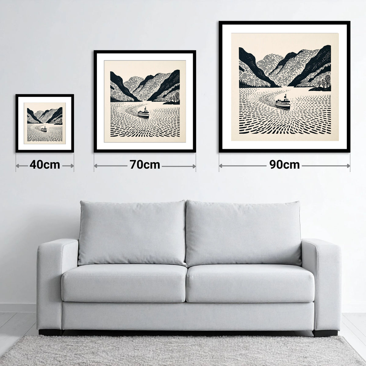 Ullswater Steamer on Swirling Waters - size guide showing 40cm, 70cm and 90cm art prints